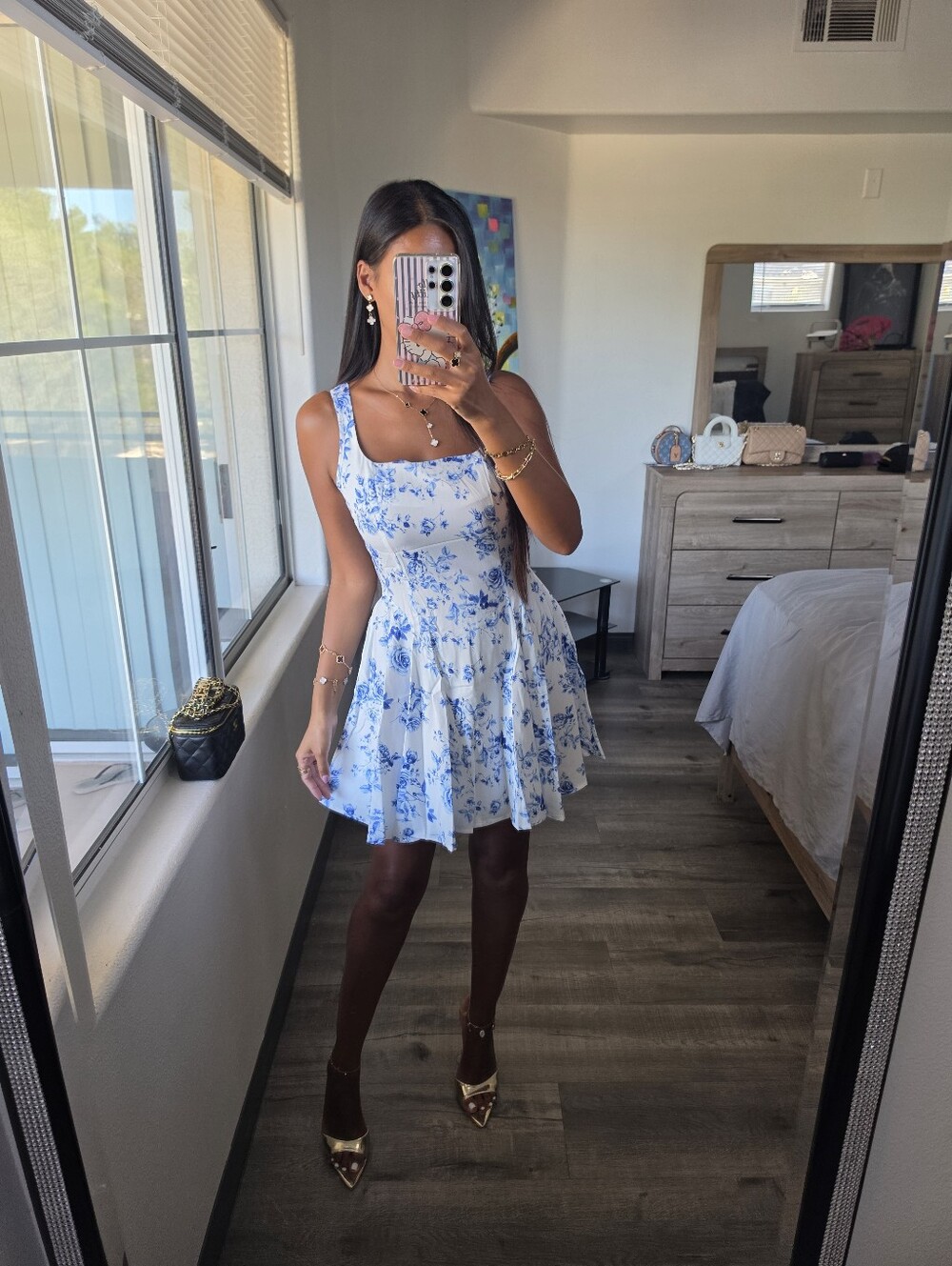 White Mini Dress with Blue Floral Print - Picture 10 of 13